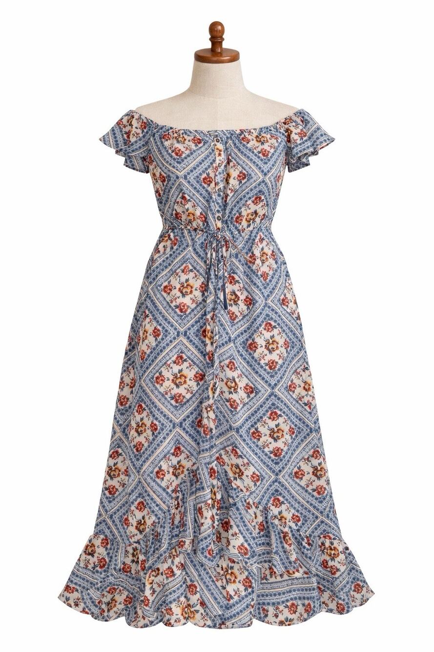 Blue White Floral Maxi Dress S Spanish Tile Ren Faire Cottagecore Romantic